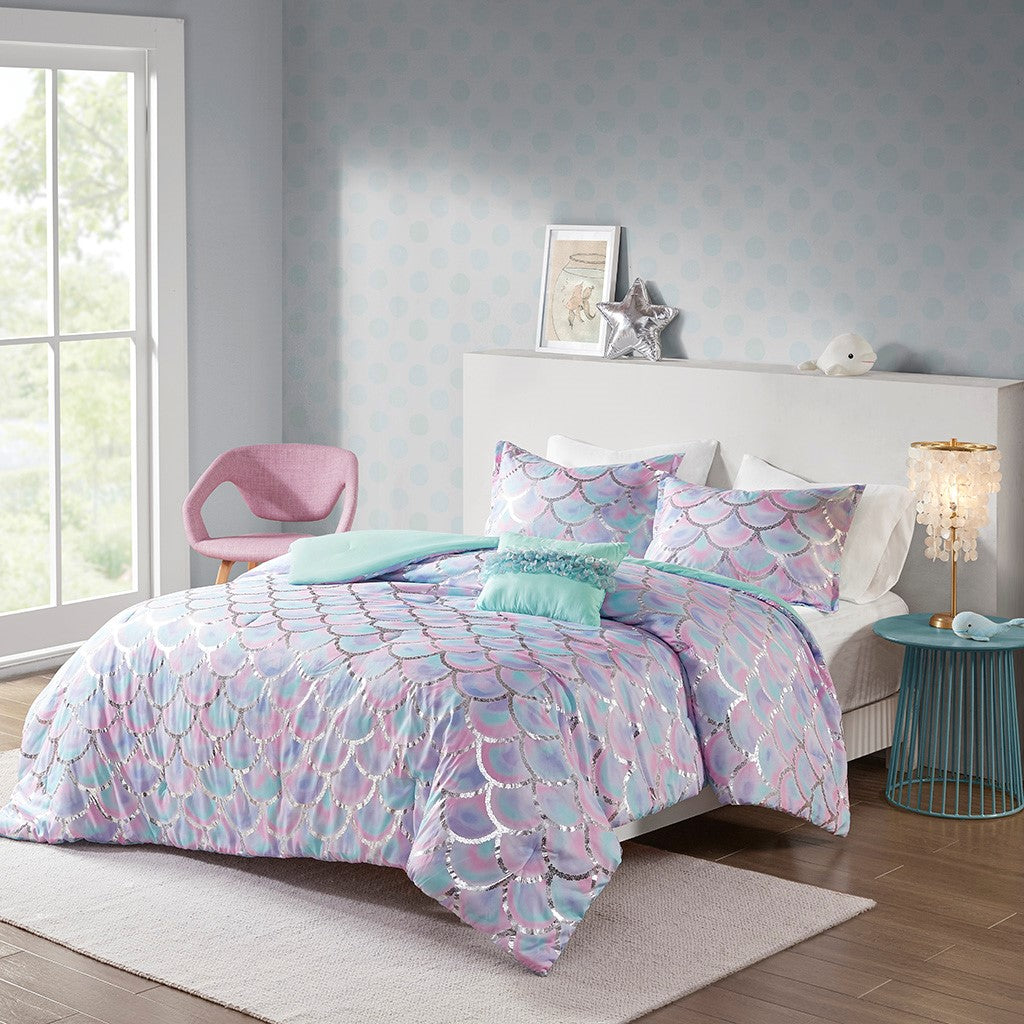 Mi Zone Pearl Metallic Printed Reversible Comforter Set - Aqua / Purple - Twin Size / Twin XL Size