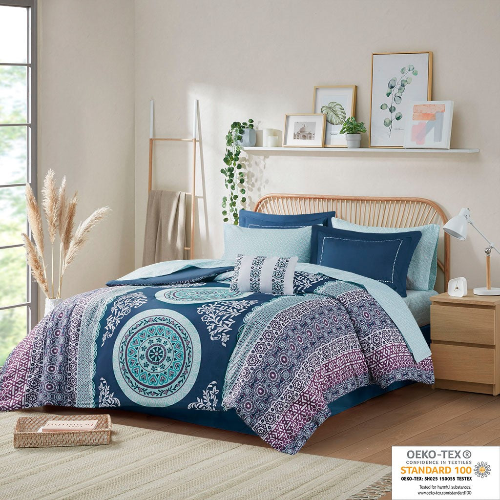 Intelligent Design Loretta Boho Comforter Set with Bed Sheets - Navy - Full Size