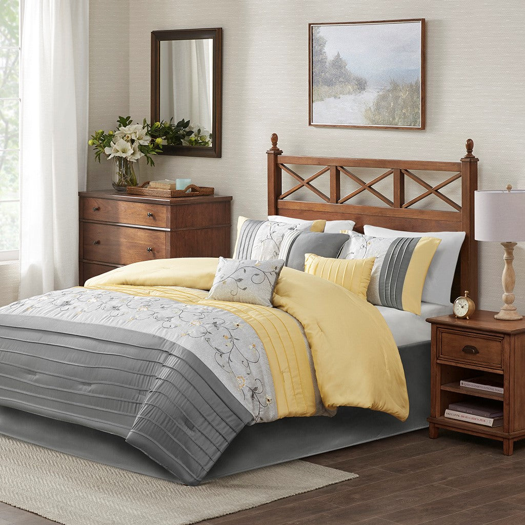 Madison Park Serene Embroidered 7 Piece Comforter Set - Yellow - Cal King Size