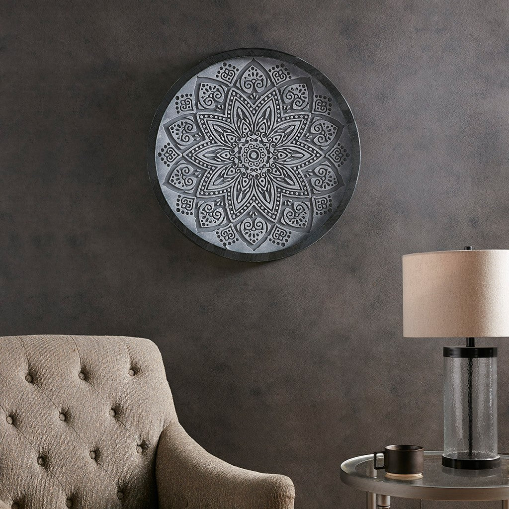 Madison Park Grey Medallion Grey Carved Wall Panel - Grey 