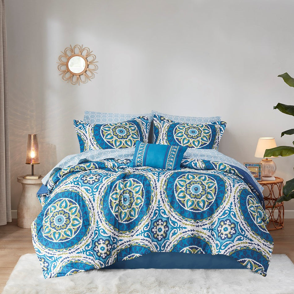 Serenity 9 Piece Comforter Set with Cotton Bed Sheets - Blue - Queen Size