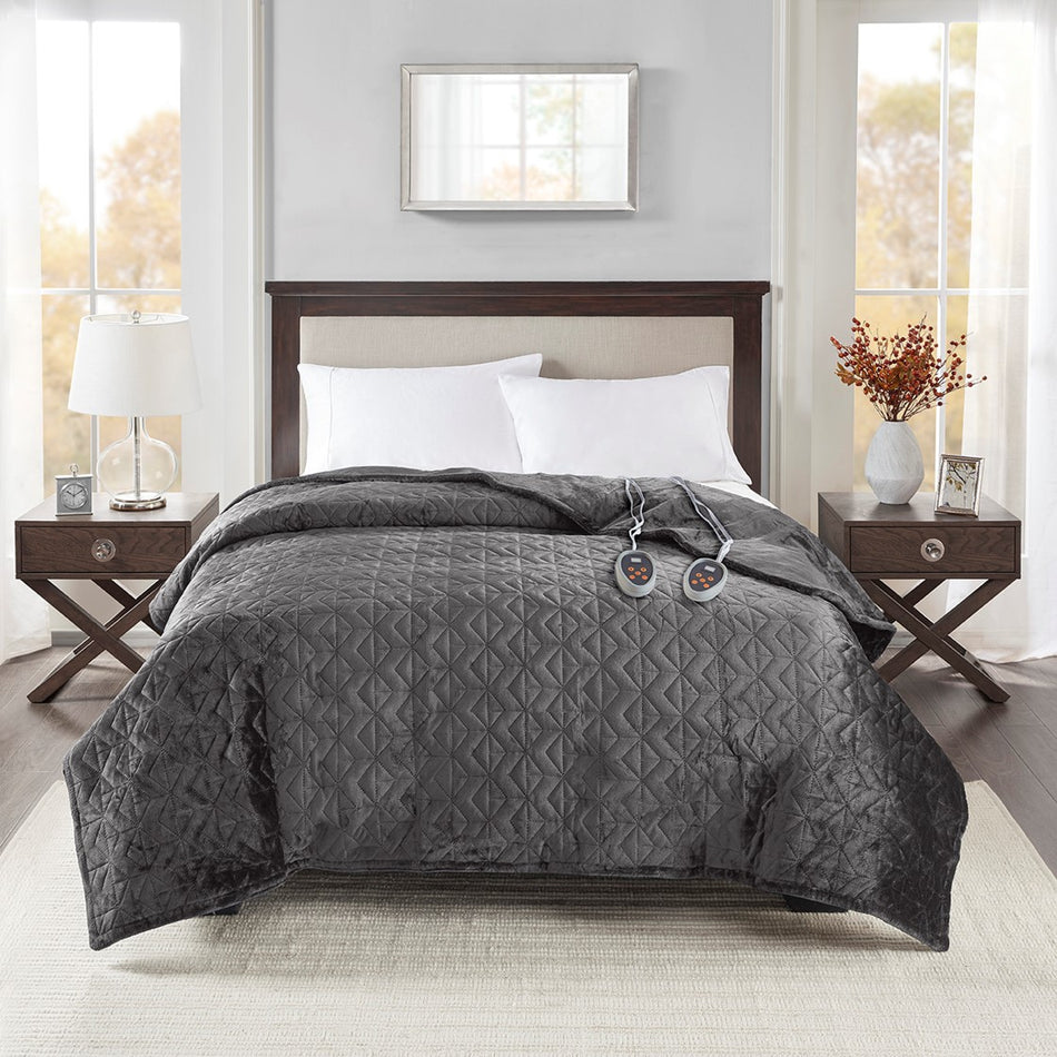 Beautyrest Quilted Plush Heated Blanket - Grey - Twin Size