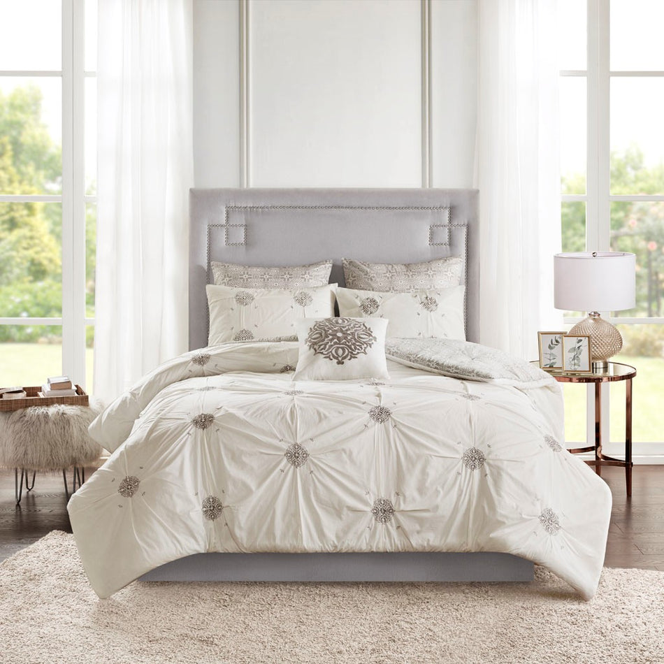 Madison Park Malia 6 Piece Embroidered Cotton Reversible Comforter Set - Ivory  - Full Size / Queen Size Shop Online & Save - ExpressHomeDirect.com