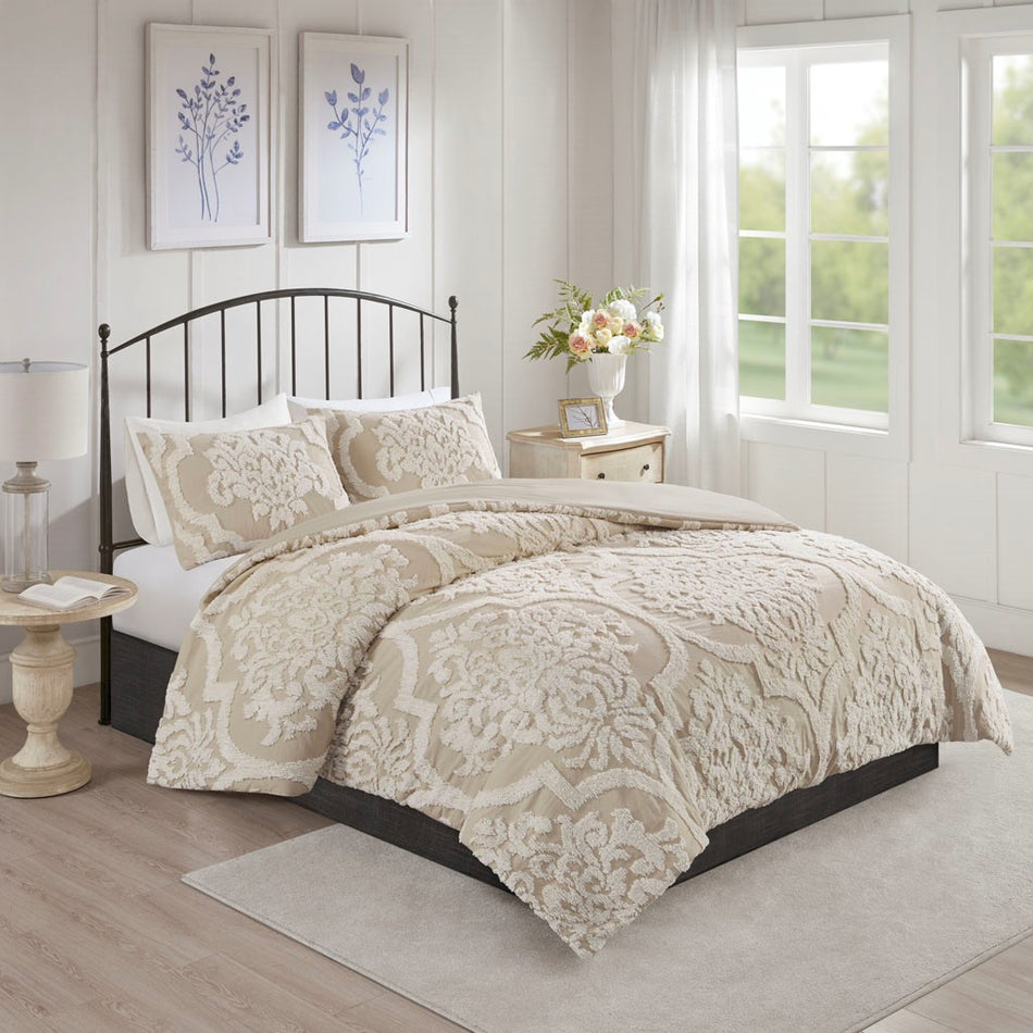 Viola 3 piece Tufted Cotton Chenille Damask Duvet Cover Set - Taupe - King Size / Cal King Size