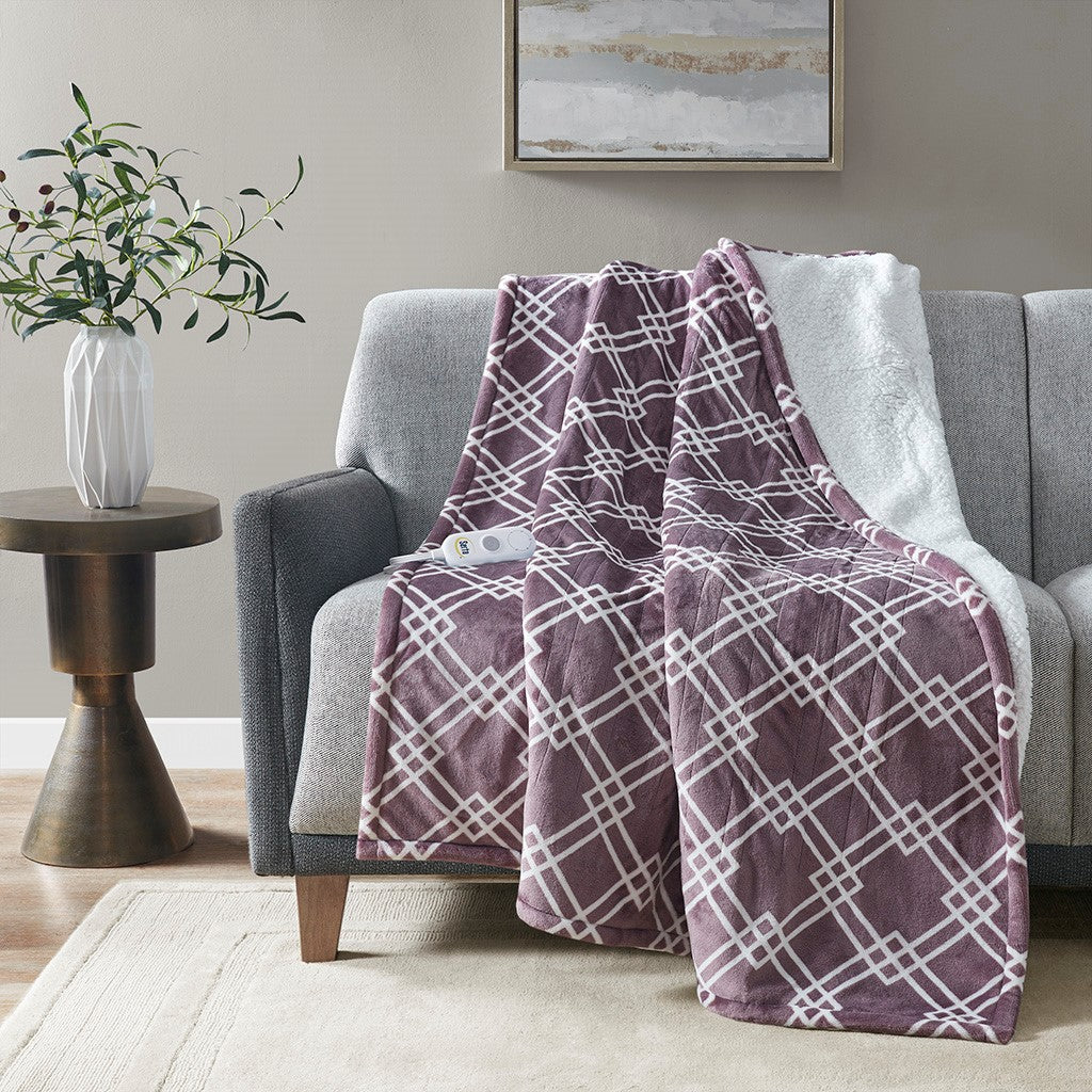 Serta Printed Plush Heated Throw - Plum - 50x60"