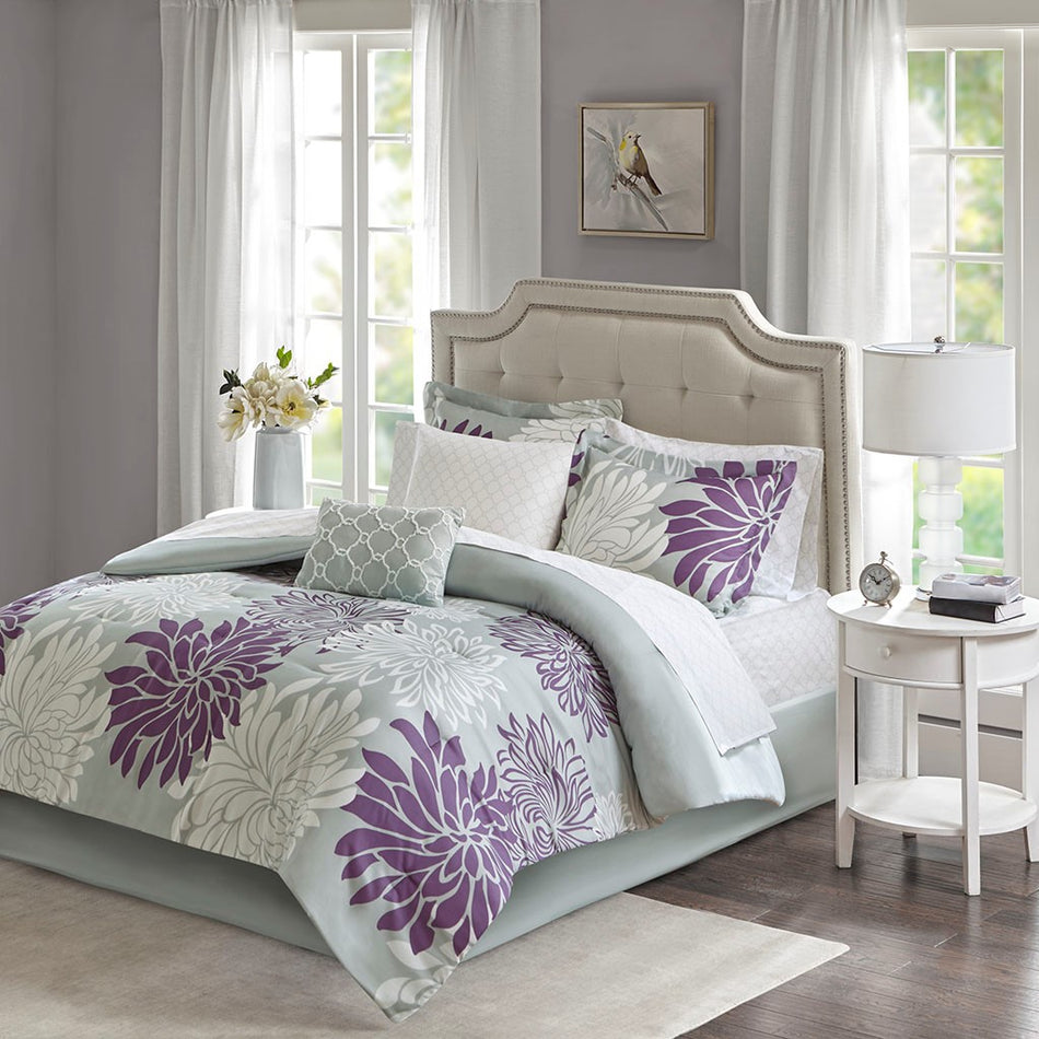 Madison Park Essentials Maible 9 Piece Comforter Set with Cotton Bed Sheets - Purple - Queen Size