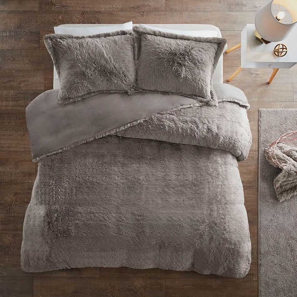 Malea Shaggy Fur Duvet Cover Set - Grey - King Size