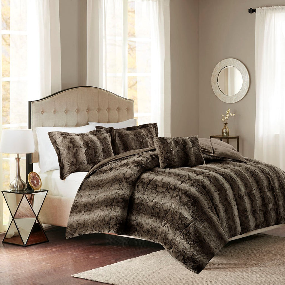 Madison Park Zuri 4PC Faux Fur Comforter Set - Brown - Full Size / Queen Size