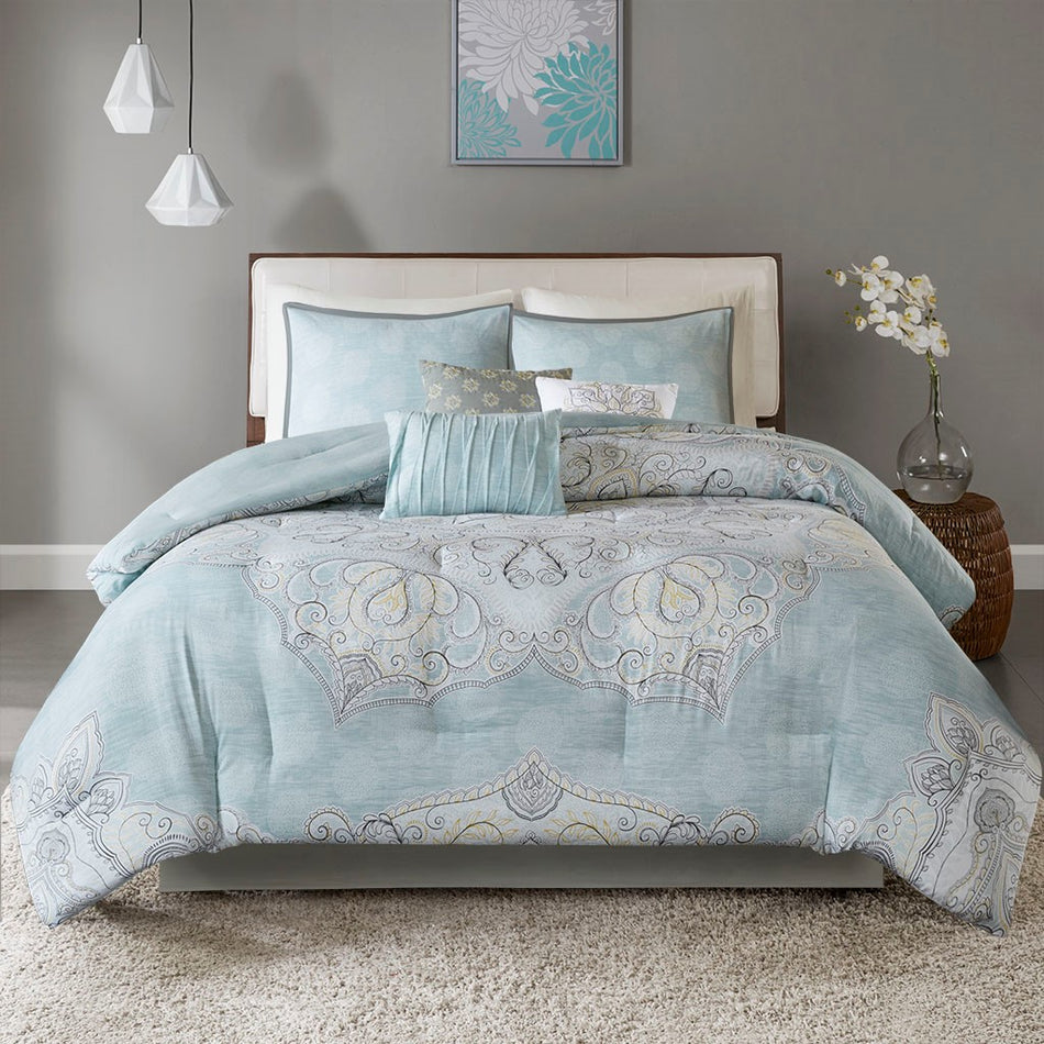 Lucinda 7 Piece Reversible Cotton Sateen Comforter Set - Seafoam - Cal King Size