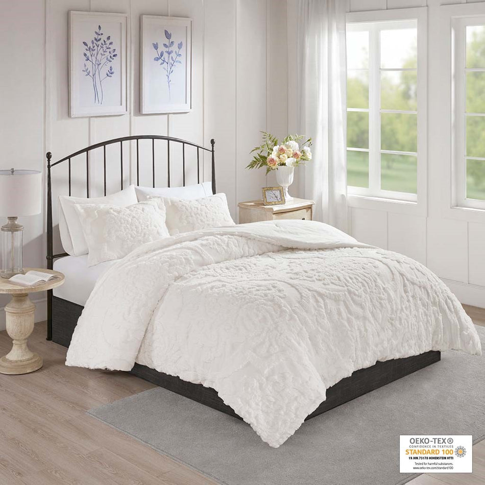 Madison Park Viola 3 Piece Tufted Cotton Chenille Damask Comforter Set - Off White - Full Size / Queen Size