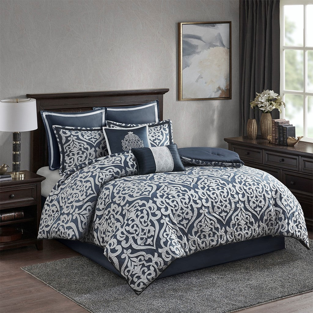 Madison Park Odette 8 Piece Jacquard Comforter Set - Navy - Cal King Size