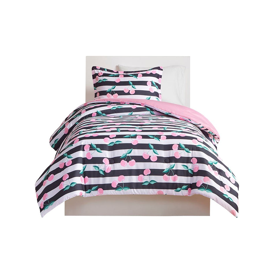 Audrey Cherries Printed Comforter Set - Pink / Black - Full Size / Queen Size