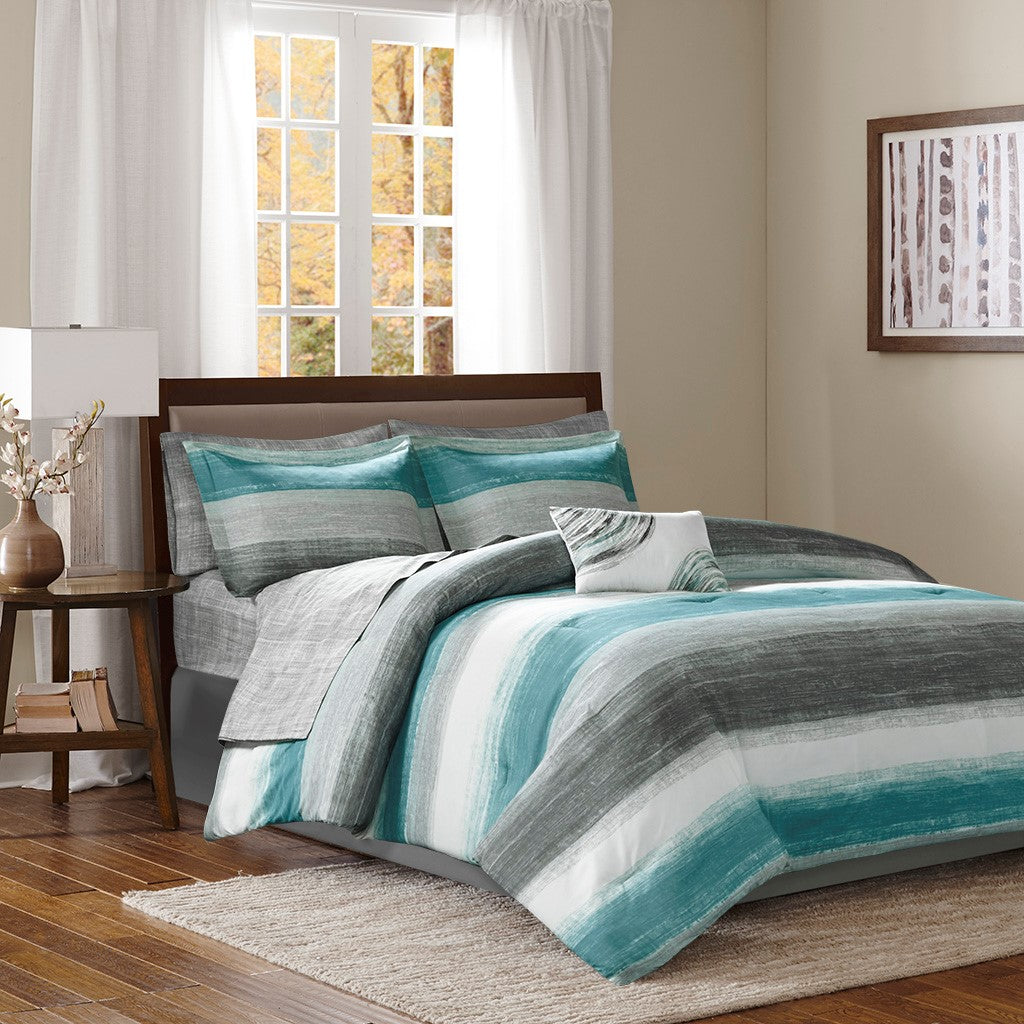 Madison Park Essentials Saben 9 Piece Comforter Set with Cotton Bed Sheets - Aqua - Cal King Size