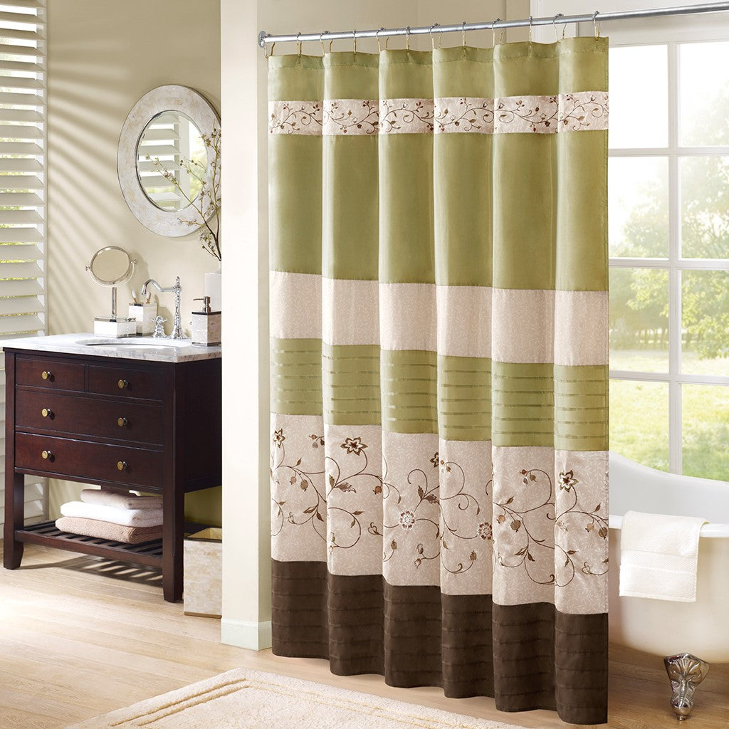 Madison Park Serene Faux Silk Embroidered Floral Shower Curtain - Green - 72x72"
