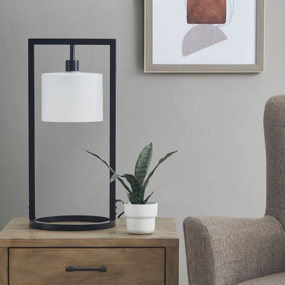 INK+IVY Kittery Metal Table Lamp with Glass Drum Shade - Black Base / Frosted Shade 