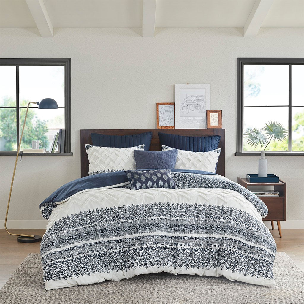 INK+IVY Mila 3 Piece Cotton Comforter Set with Chenille Tufting - Navy  - King Size / Cal King Size Shop Online & Save - ExpressHomeDirect.com
