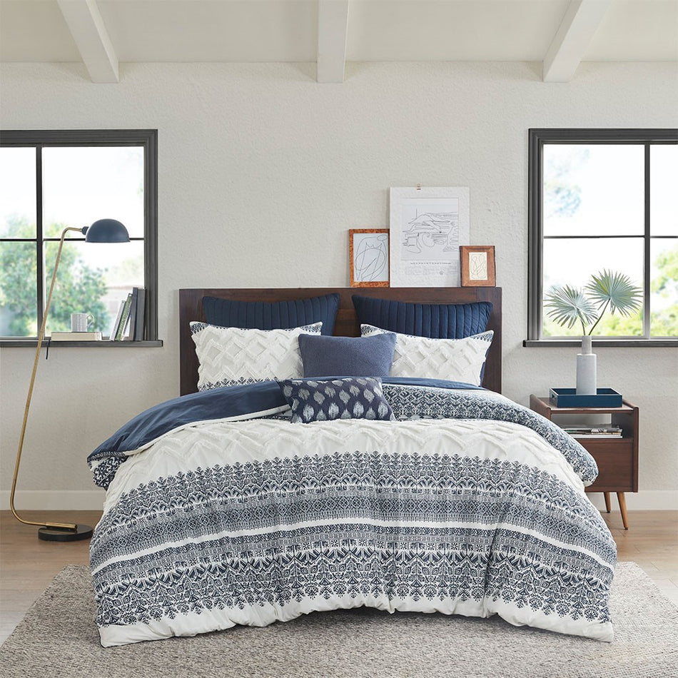 INK+IVY Mila 3 Piece Cotton Comforter Set with Chenille Tufting - Navy  - Full Size / Queen Size Shop Online & Save - ExpressHomeDirect.com