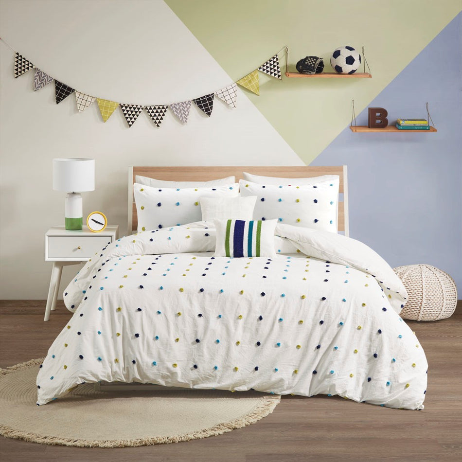 Callie Cotton Jacquard Pom Pom Comforter Set - Green / Navy - Full Size / Queen Size