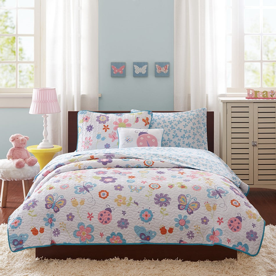 Fluttering Farrah Butterfly Reversible Coverlet Set with Bed Sheets - Multicolor - Full Size