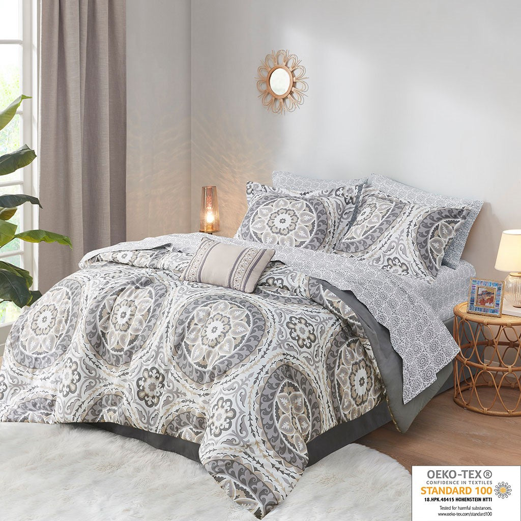Madison Park Essentials Serenity 9 Piece Comforter Set with Cotton Bed Sheets - Taupe - Full Size