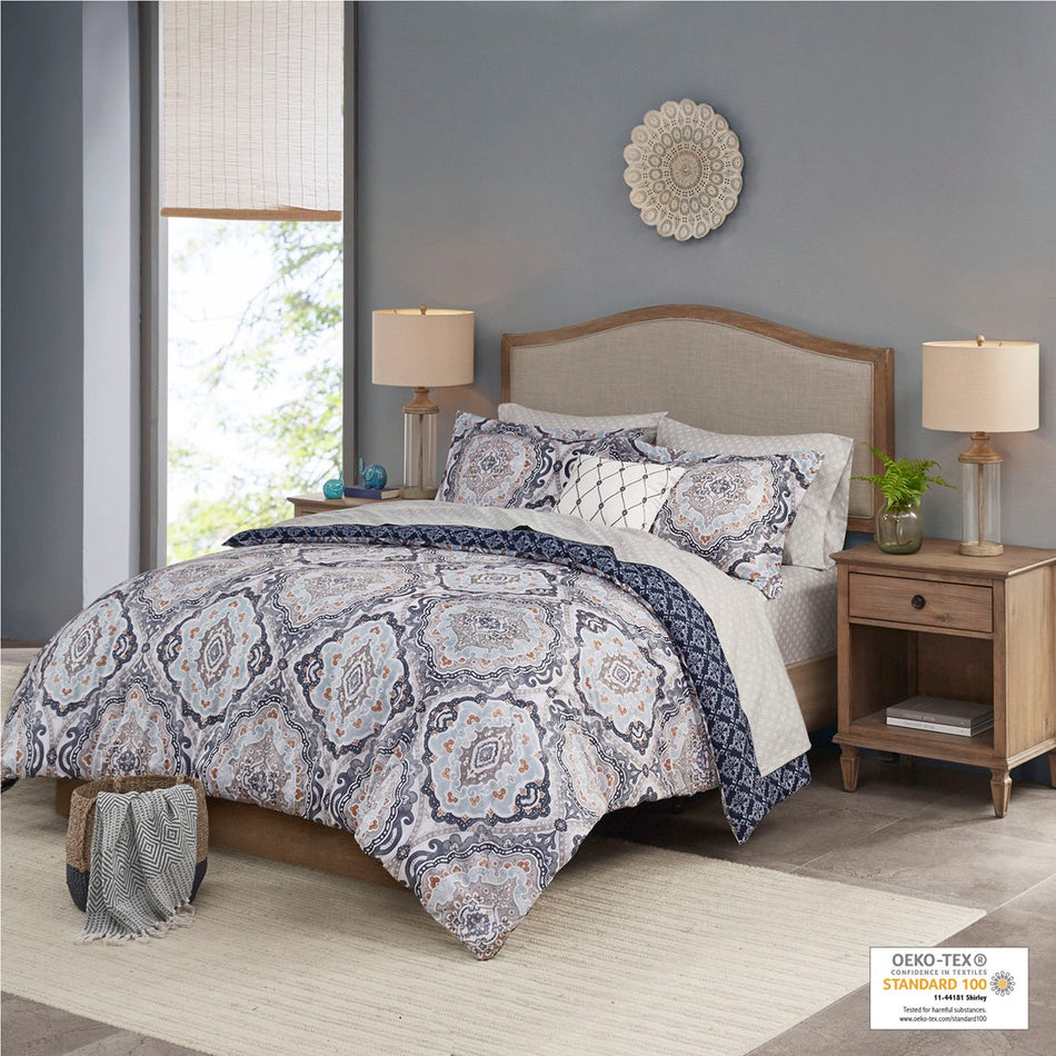 Titus Reversible 8 Piece Comforter Set with Bed Sheets - Navy - Full Size