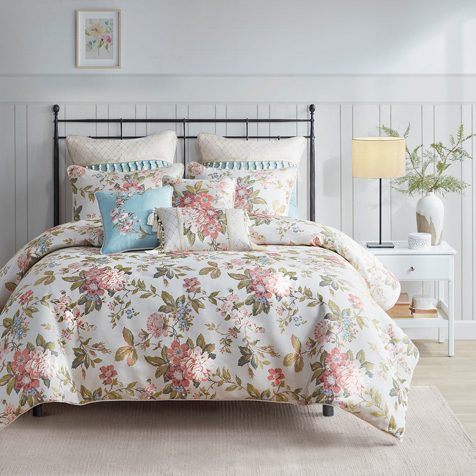 Madison Park Signature Carolyn 8 Piece Floral Jacquard Comforter Set - Ivory - Queen Size