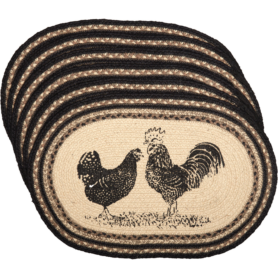 April & Olive Sawyer Mill Charcoal Poultry Jute Placemat Set of 6 12x18 By VHC Brands
