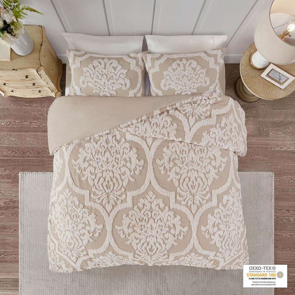Madison Park Viola 3 piece Tufted Cotton Chenille Damask Duvet Cover Set - Taupe - Full Size / Queen Size