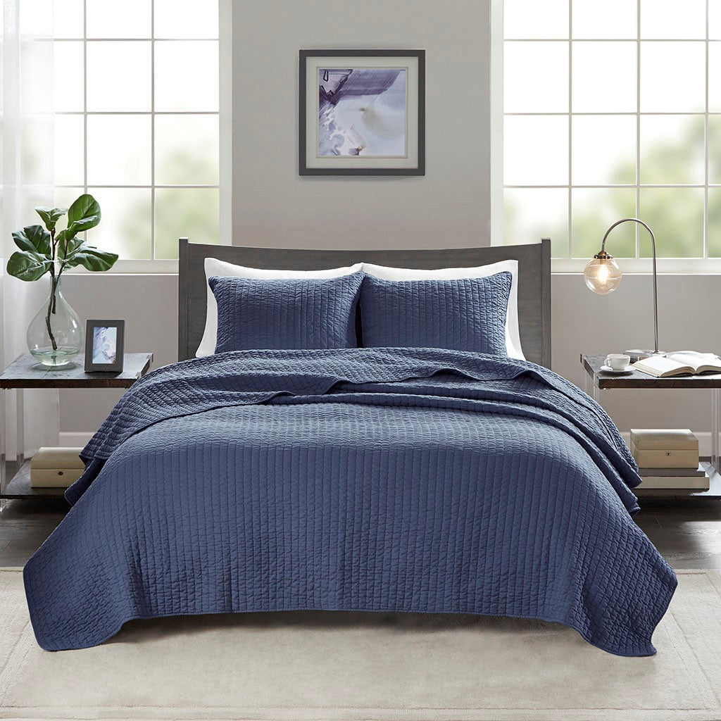 Madison Park Keaton 3 Piece Quilt Set - Navy  - Twin Size / Twin XL Size Shop Online & Save - ExpressHomeDirect.com