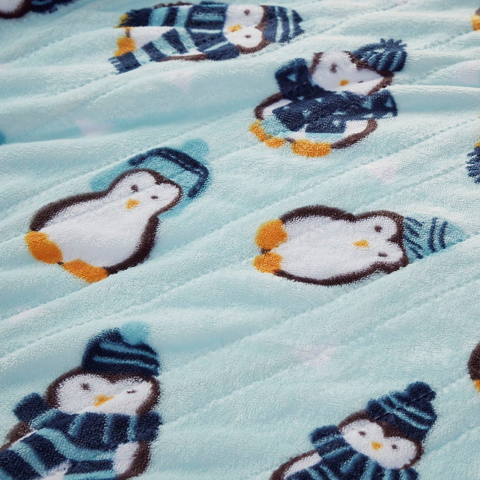 Oversized Plush Printed Heated Throw - Aqua Penguins - 60x70"