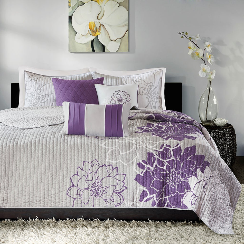 Lola 6 Piece Printed Cotton Quilt Set with Throw Pillows - Purple - King Size / Cal King Size