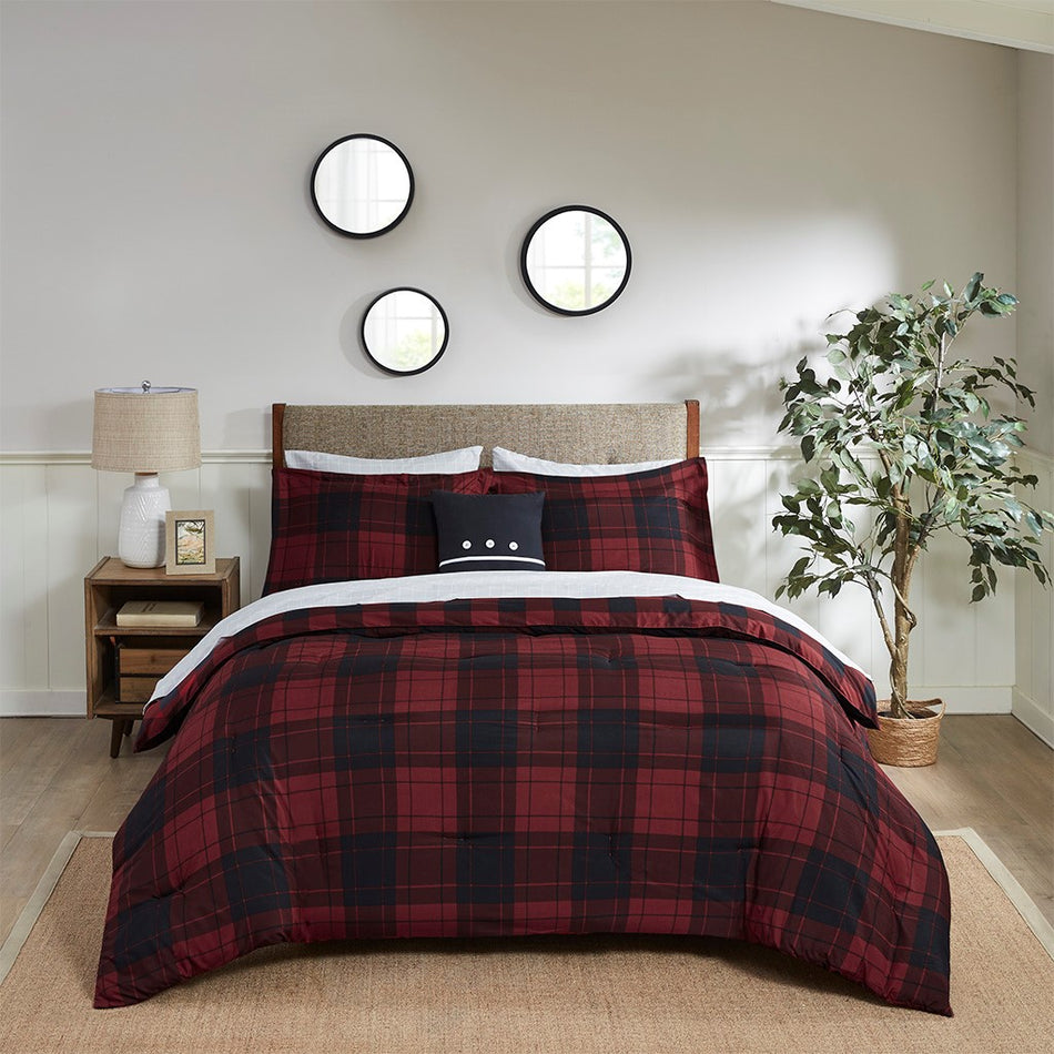 Everest 8 Piece Reversible Comforter Set with Bed Sheets - Red Plaid - King Size