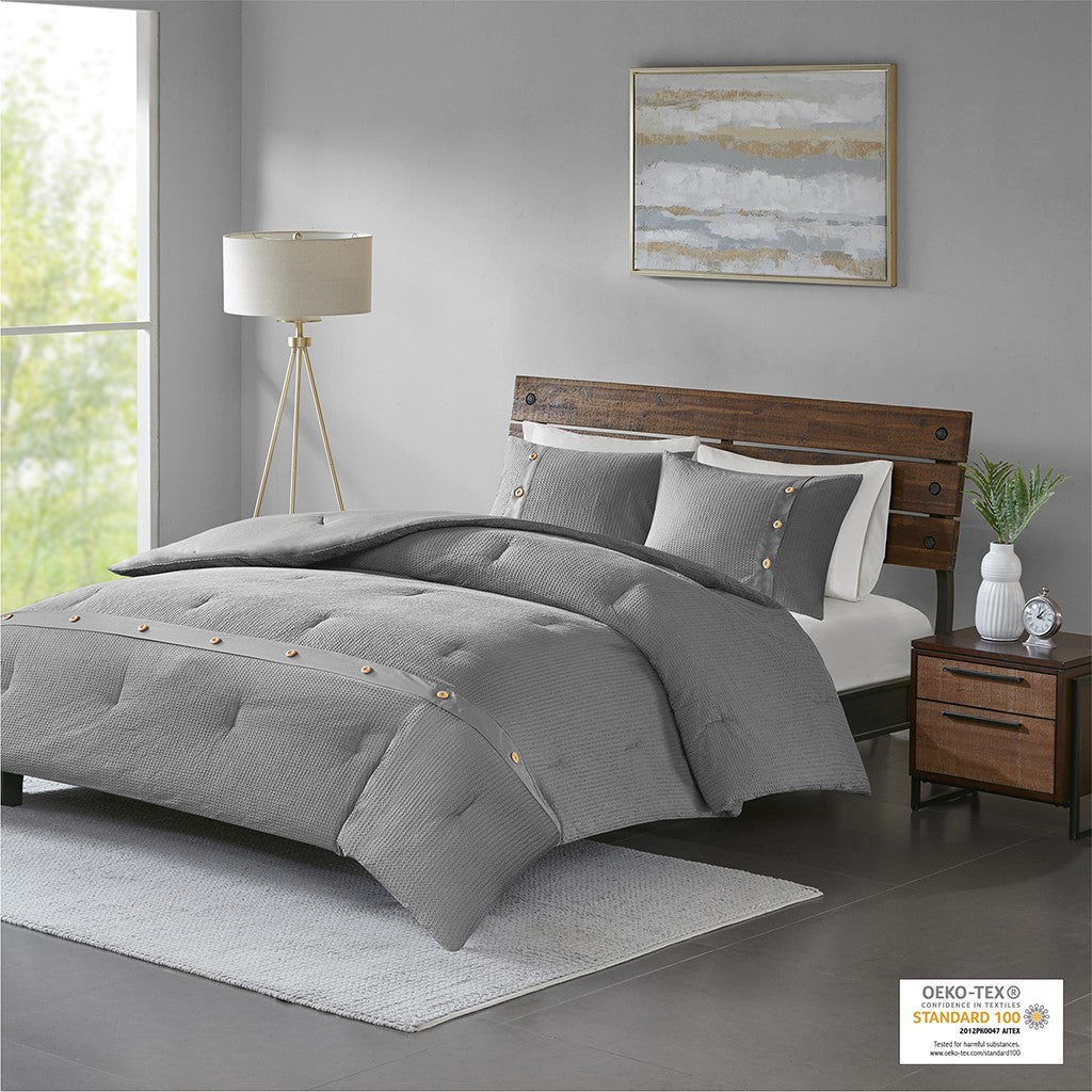 Madison Park Finley 3 Piece Cotton Waffle Weave Comforter set - Grey - Full Size / Queen Size
