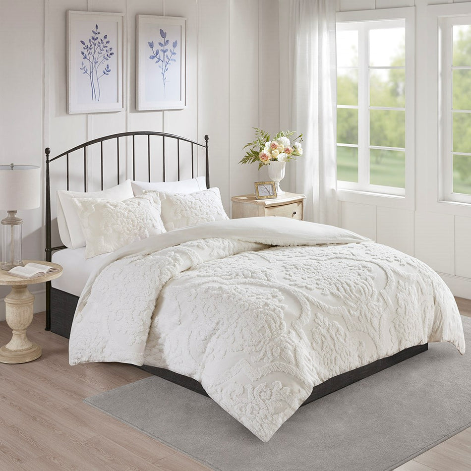 Viola 3 Piece Tufted Cotton Chenille Damask Duvet Cover Set - Off White - King Size / Cal King Size