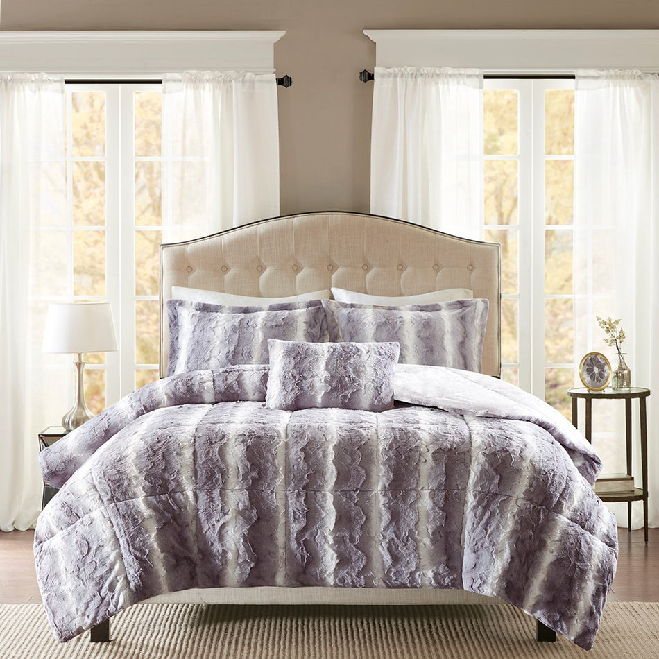 Zuri 4 Piece Faux Fur Comforter Set - Grey - Full Size / Queen Size