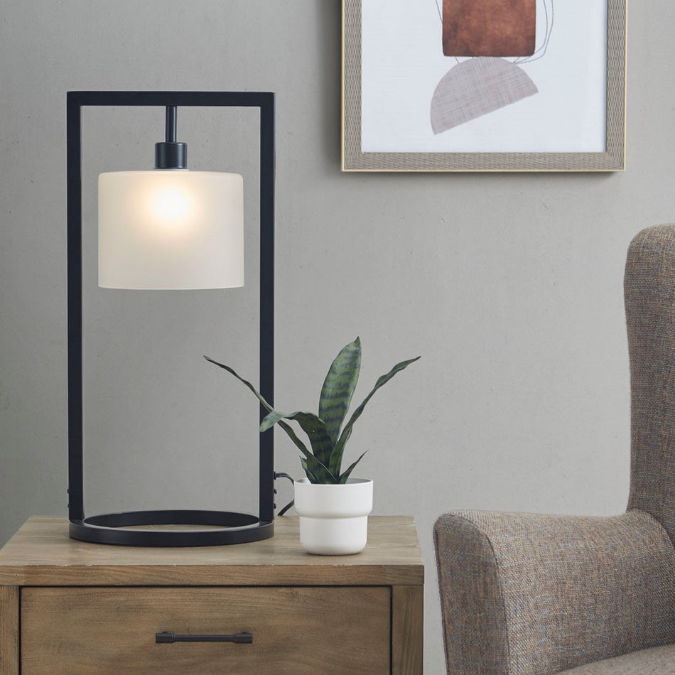 Kittery Metal Table Lamp with Glass Drum Shade - Black Base / Frosted Shade