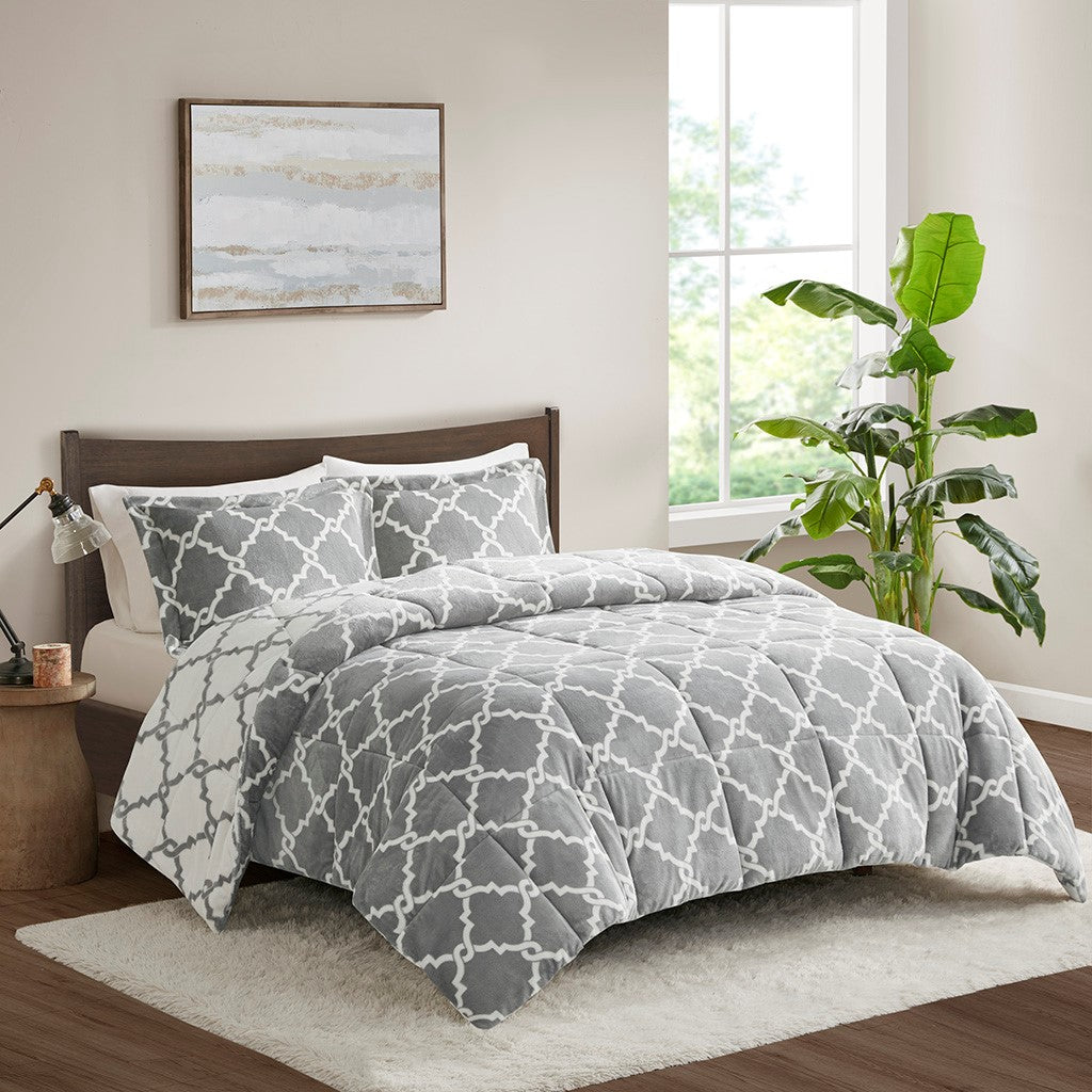 True North by Sleep Philosophy Peyton Reversible Plush Comforter Mini Set - Grey - Full Size / Queen Size