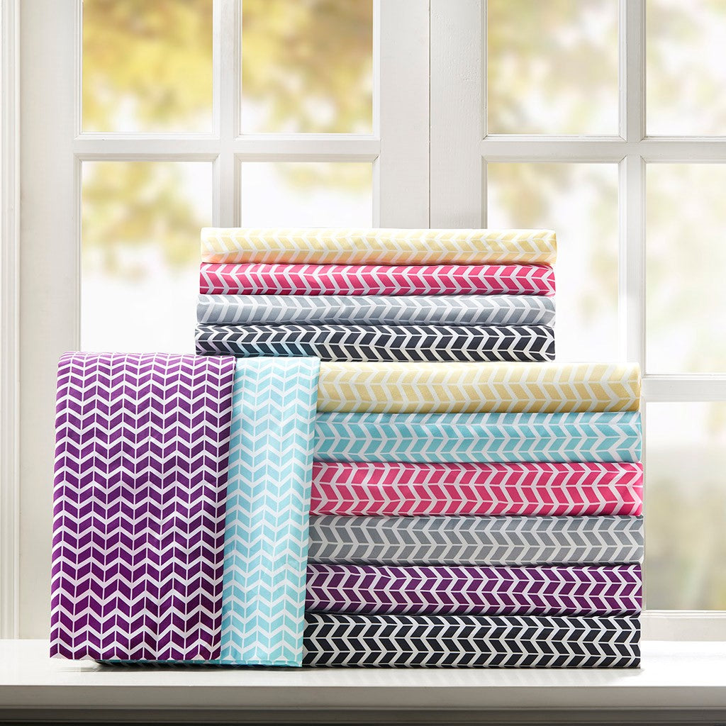 Intelligent Design Chevron Printed Microfiber Sheet Set - Aqua - Queen Size