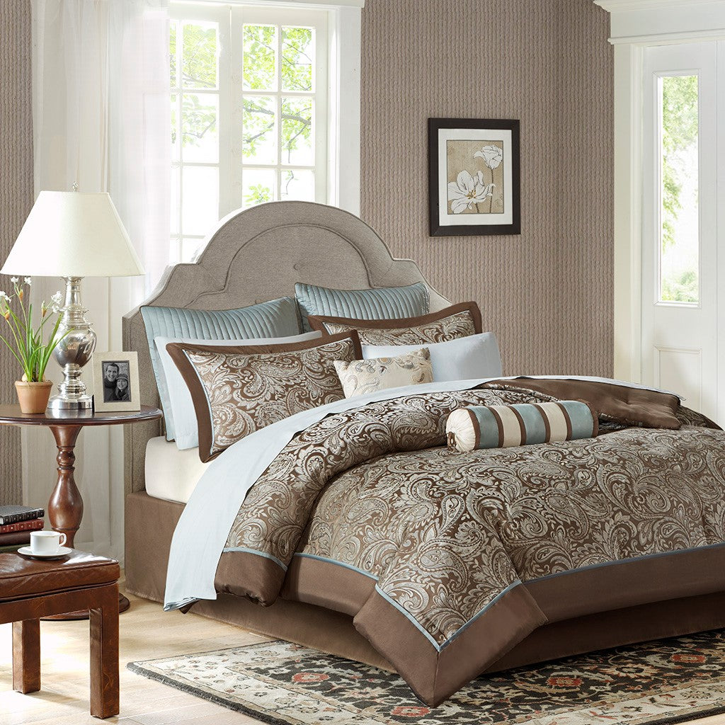 Madison Park Aubrey 12 Piece Complete Bed Set - Blue / Brown - Cal King Size