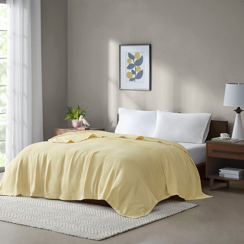 Madison Park Freshspun Basketweave Cotton Blanket - Yellow - Full Size / Queen Size