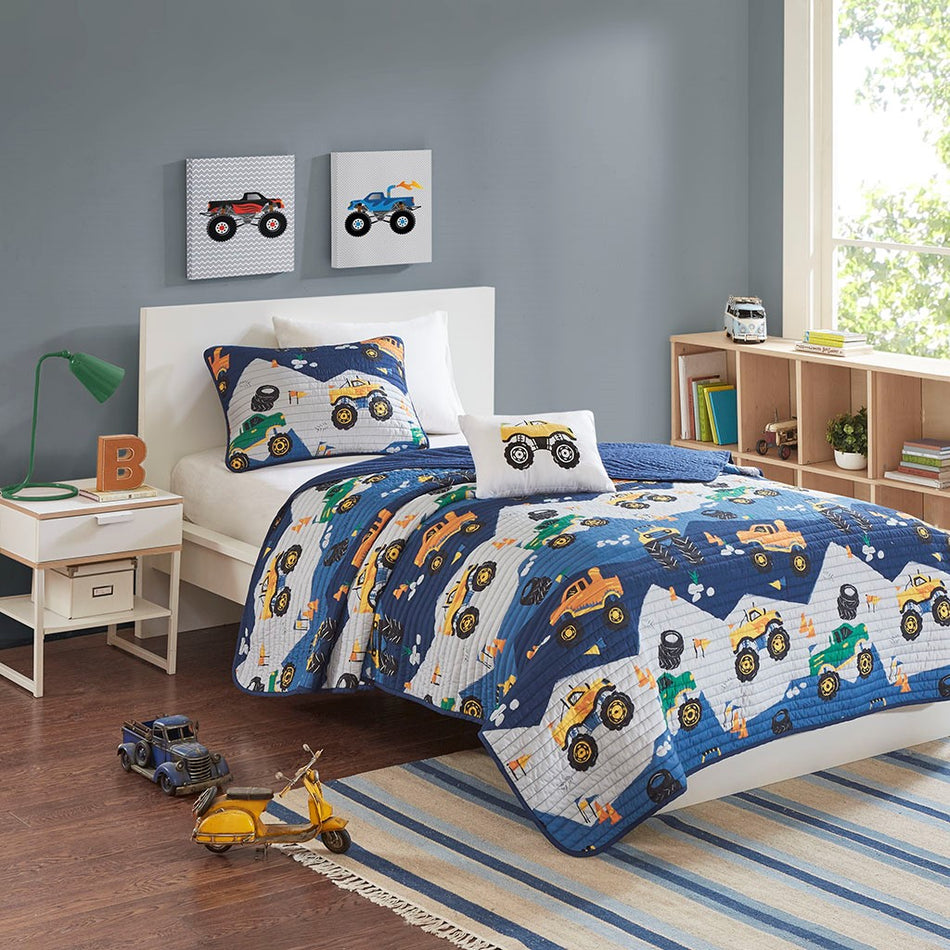 Mi Zone Kids Nash Monster Truck Reversible Quilt Set with Throw Pillow - Blue - Full Size / Queen Size