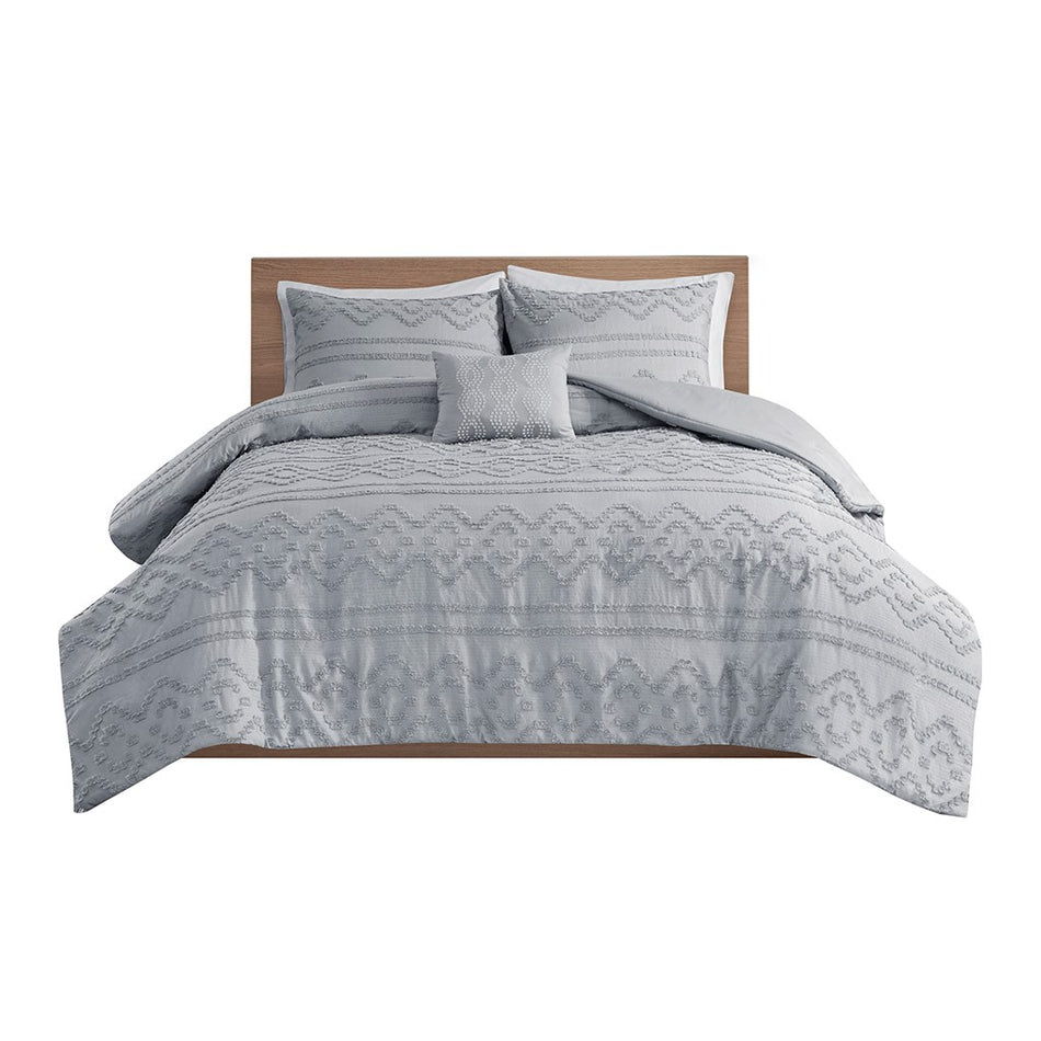 Annie Solid Clipped Jacquard Duvet Cover Set - Grey - Full Size / Queen Size
