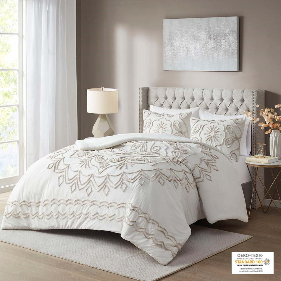 Madison Park Violette 3 Piece Tufted Cotton Chenille Comforter Set - Ivory / Taupe - King Size / Cal King Size