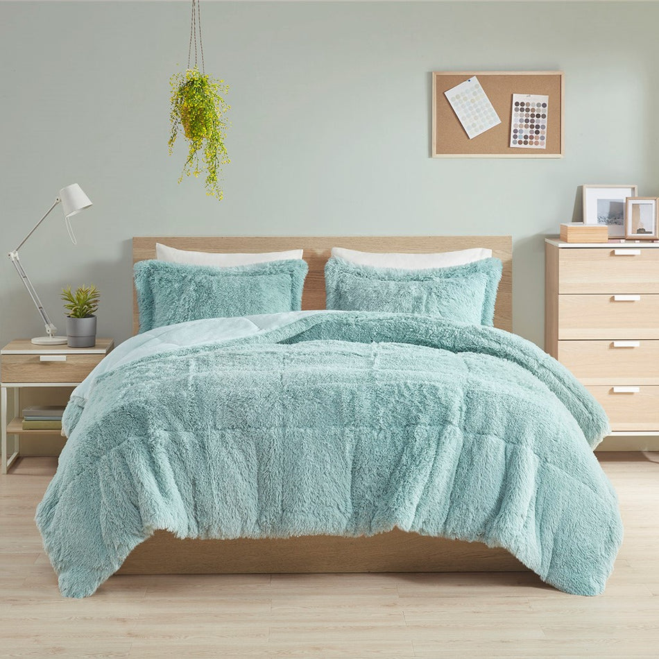 Malea Shaggy Long Fur Comforter Mini Set - Aqua - Full Size / Queen Size