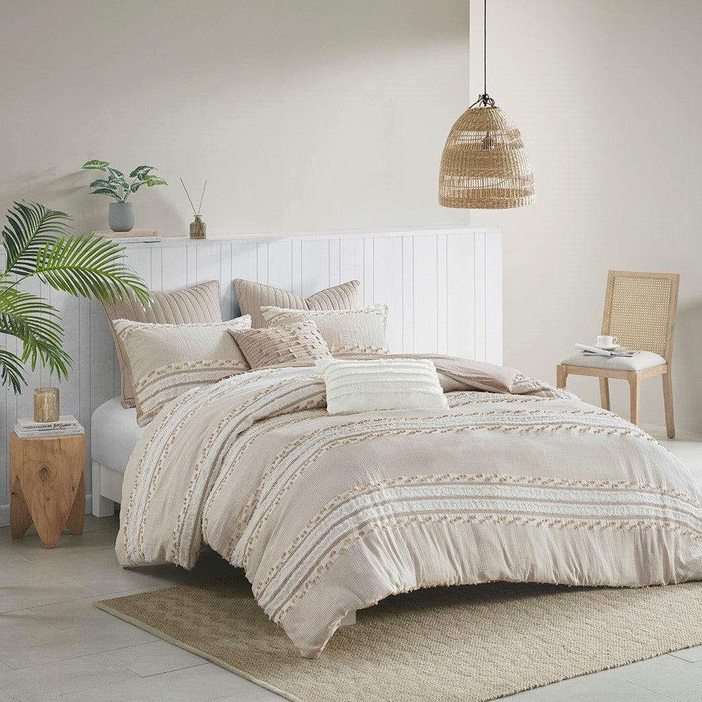 INK+IVY Lennon 3 Piece Organic Cotton Jacquard Duvet Cover Set - Taupe - Full Size / Queen Size
