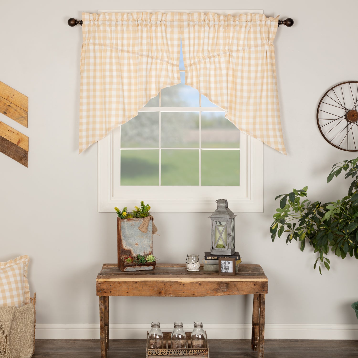 April & Olive Annie Buffalo Tan Check Prairie Swag Set of 2 36x36x18 By VHC Brands