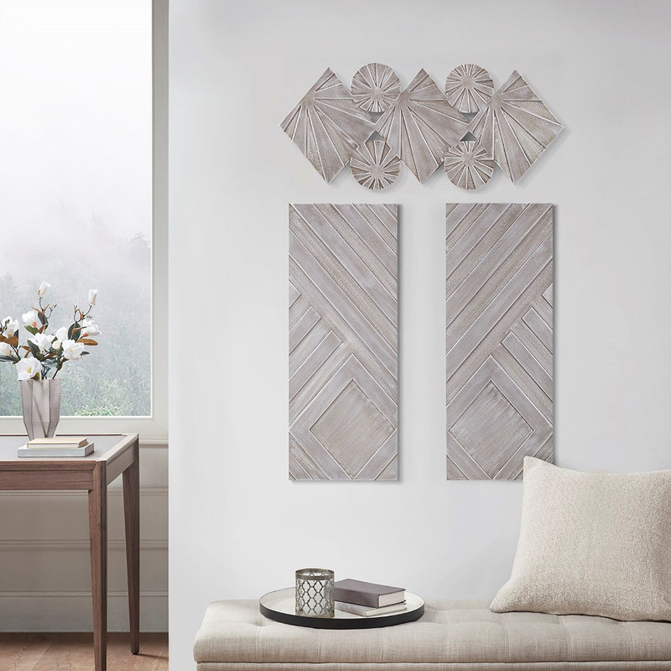 Madison Park Ash Carved Wood 3 Piece Set Wall Decor - Grey / Silver 