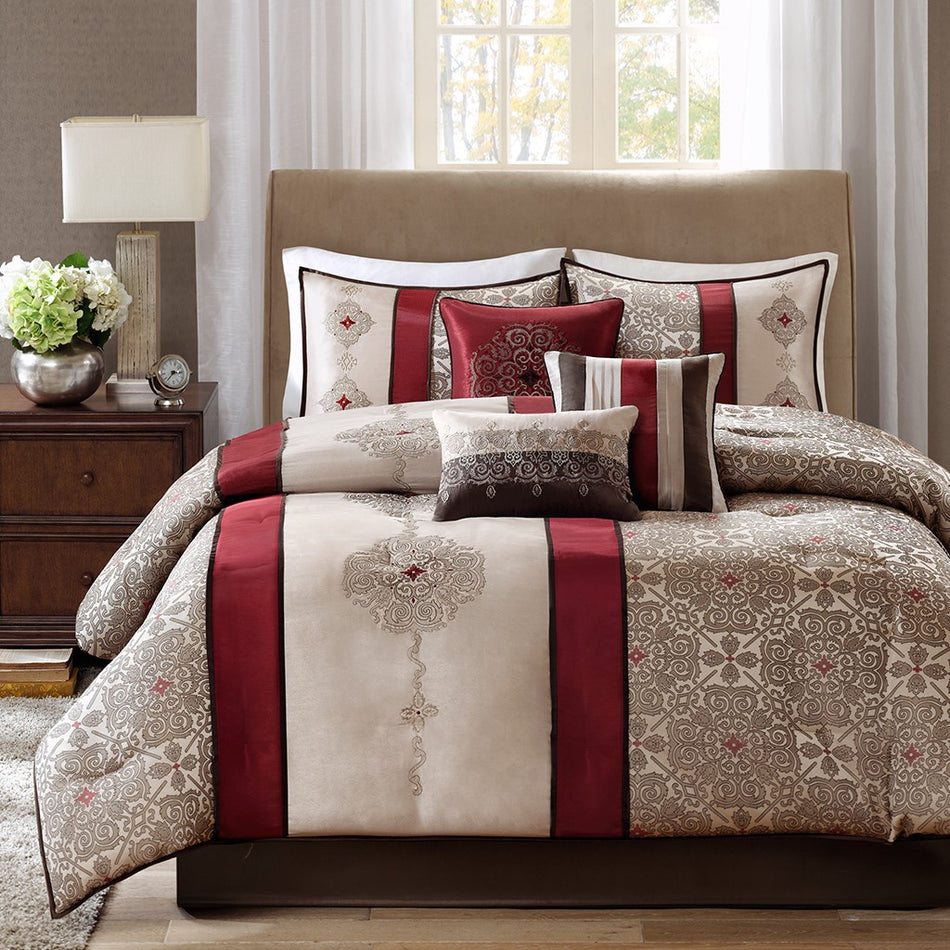 Donovan 7 Piece Jacquard Comforter Set - Red - King Size
