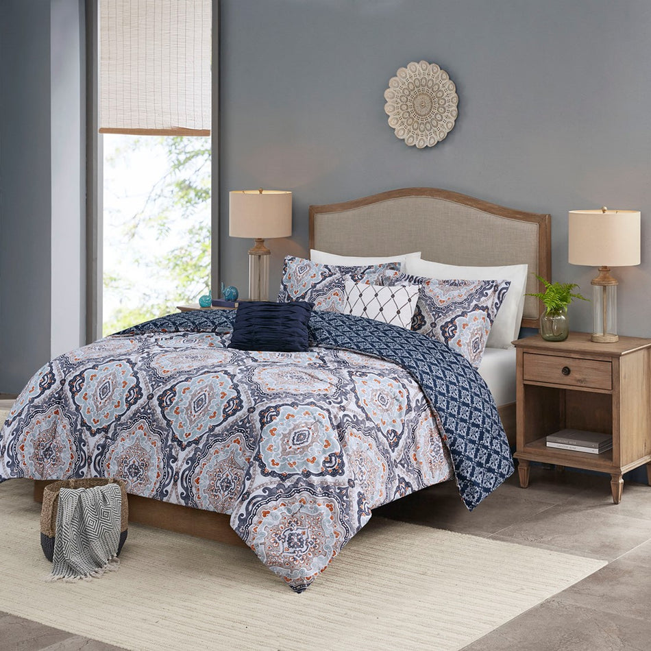 Madison Park Essentials Titus Comforter Set with Two Decorative Pillows - Navy - Queen Size