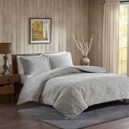 Woolrich Teton Embroidered Plush Coverlet Set - Grey - Full Size / Queen Size